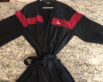 Vintage Mens Mervyns Black with Red Stripe Monogrammed "DAD" Terry Velour Wrap Robe One Size- vintage mens terry velour robe, Dad gift