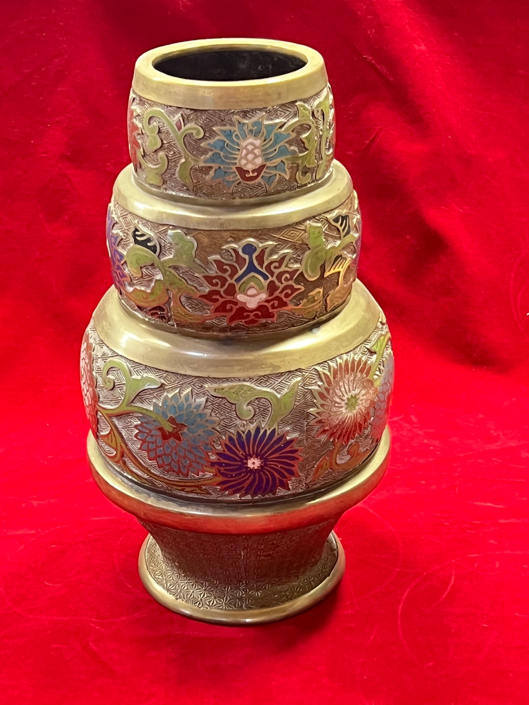 Antique Vintage Japanese Brass Vase Three Tier Gourd Shape Champleve