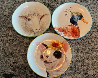 Pier 1 Imports Set of 3 Farm Animals Dessert or Appetizer Plates 8 1/2” - pig with sunflower, sheep and Duck plates~ farmhouse decor, farm