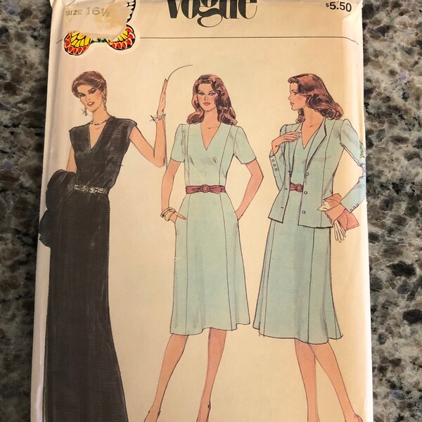 1970s Vogue Sewing Pattern 7941 Misses Long or Short V Neck Pullover Dress and Jacket Size 16 1/2 Uncut- long evening dress with jacket