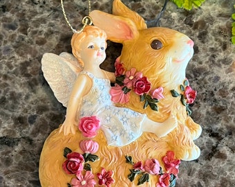 Pretty Angel on Easter Bunny Resin Ornament 4” tall- Easter ornament, Easter decor, Angel. Christmas ornament, Rabbit ornament