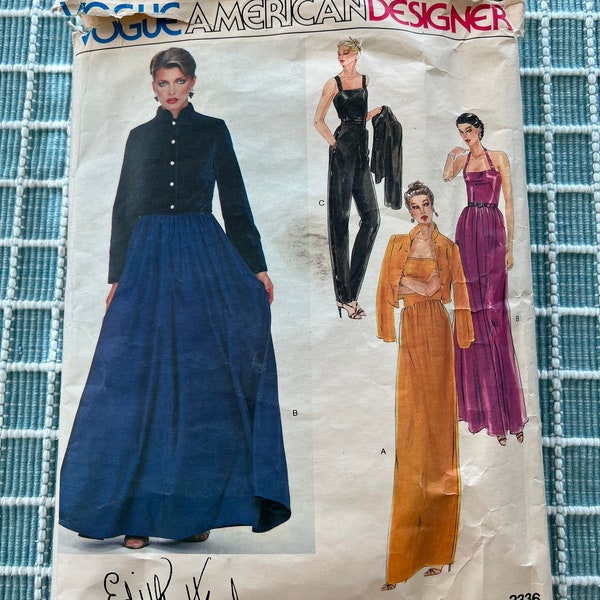 1980's Vogue American Designer Sewing Pattern 2336 EDITH HEAD Misses Jumpsuit, Long Halter Dress with Jacket Size 8 Partially cut-Edith Head