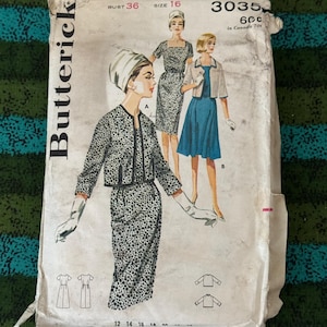 May include: Vintage Butterick sewing pattern featuring illustrations of women's fashions. The pattern envelope shows a woman in a leopard print suit and two other women in dresses. The bust size is 36 inches, and the size is 16.