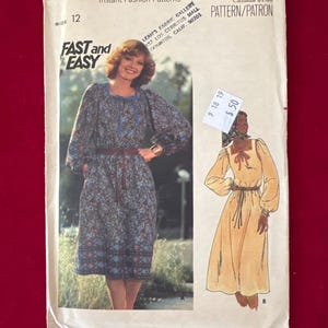 1970s Butterick Sewing Pattern 5610 Misses Square Neck Boho Puff Sleeve Dress Size 12 Uncut~ 1970s loose dress with square neckline