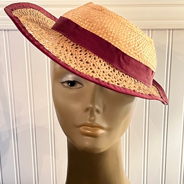 Vintage 1950’s Lenni of San Francisco Straw Brim Tilt Hat with Burgundy Bow Trim 20” Diameter- 1950’s summer hat, Lenni of San Francisco hat