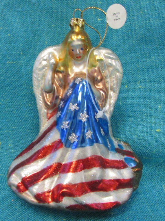 ANGEL AMERICAN FLAG Glass Dome OVAL BUTTON Filigree  XL VINTAGE PATRIOTIC 