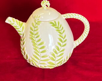 Pottery Barn Green Fern Leaf Ceramic Teapot 8 1/2” Tall- Pottery Barn teapot, fern ceramic teapot