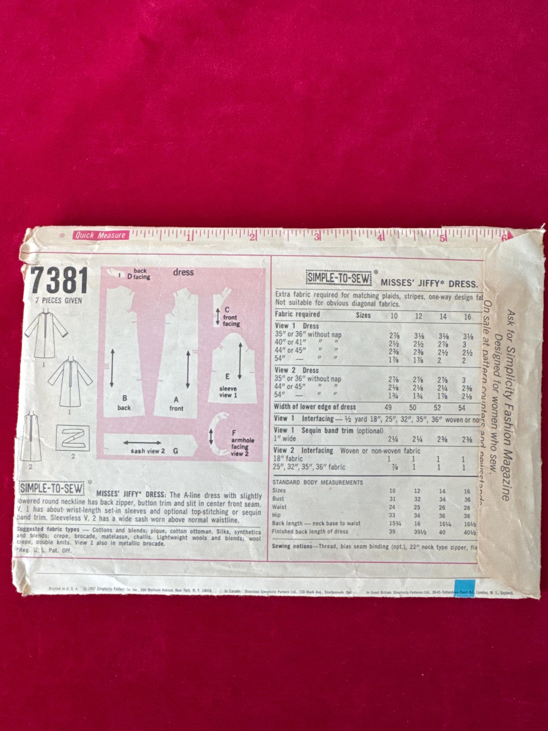 1967 Simplicity 7381 Sewing Pattern A Line Mini Dress 2 Sleeve Lengths ...