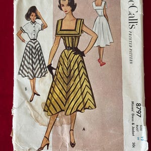 RARE 1951 Mccalls Sewing Pattern 8797 Misses Low Square Neck Wide Collar Dress with Full Skirt Size 12 Uncut~ rockabilly dress, 50s dress