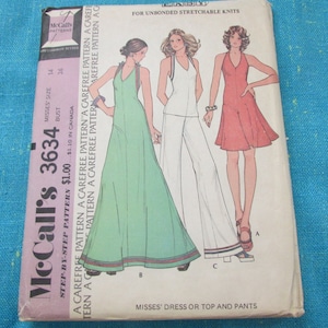 1973 McCall&#39;s Sewing Pattern 3634 Misses&#39; Summer Halter Dress or Top and Pants, Stretch Knits ONLY, Size 14, Cut~ 1970&#39;s summer halter dress
