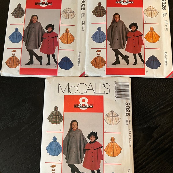 U CHOOSE~ 1997 Mccalls Sewing Pattern 9026 Toddler Girls & Girls Poncho Cape Capelet Size 2-4, 4-6 OR 10-14 ~ girls Victorian cape, poncho