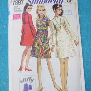 1968 Simplicity Sewing Pattern 7897 Misses Easy Sew Jiffy A-Line Mini Dress, 2 Sleeve Lengths, Size 10, cut; 1960s easy sew dress