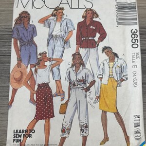 1988 McCalls Sewing Pattern 3650 Misses Summer ensemble with Shorts, skirt & Crop Pants Button Front Top Size 14-18 Uncut- summer outfit