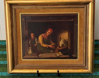 19th Century Dutch Oil on Tin Painting Framed "The Music Box" Dutch School Interior 13" x 11"~ antique oil painting