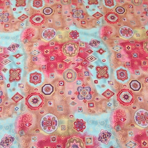 Ro Gregg Geometric Batik Look Cotton Fabric &quot;MAGIC CARPET&quot; Design No 140 Aqua Blue Gold and Pinks 43&quot; W X BTY~ quilt fabric, craft fabric