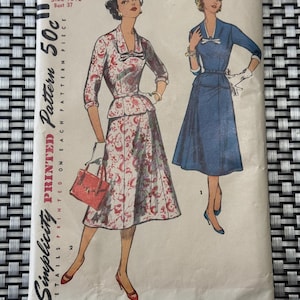 1950’s Simplicity Sewing Pattern 1466 Misses Peplum Top with Cuffed Detachable Sleeve & Collar with Mid length Skirt Size 18 1/2 Uncut