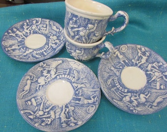 RARE lot of Tam O' Shanter Scottish Poem by Robert Burns in 1790 "Tavern & Witches", ~ antique sculpted saucer and cups