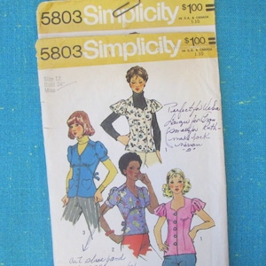 1973 Simplicity Sewing Pattern 5803 Misses Set of Blouses with Sleeve Variations, Size 12, cut ; sweetheart neckline blouse