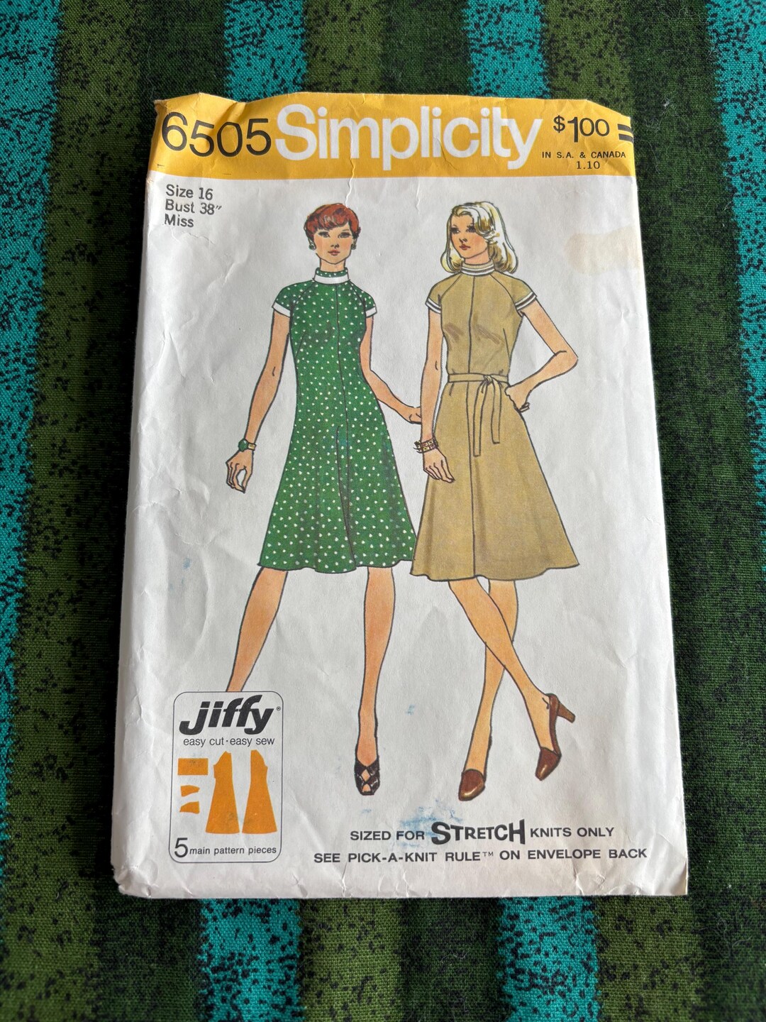 1974 Simplicity 6505 Sewing Pattern Misses A Line Dress Mock Neck Size ...