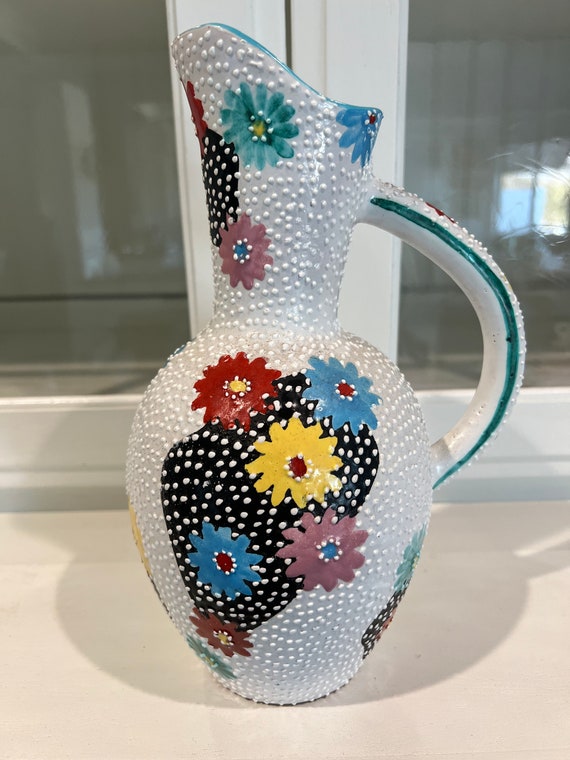 1960's Ars Artigiana Deruta Italy Raised Polka Dot Ceramic Ewer