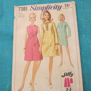 1967 Simplicity Sewing Pattern 7381 Misses JIFFY A-Line Dress 2 Sleeve Lengths Size 14 cut~ 1960&#39;s Fashion, Jiffy mini dress pattern