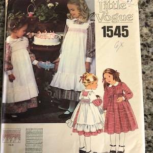 1985  Little Vogue Sewing Pattern 1545 Girls Smocked Bodice Short or Long Party Dress w/ Pinafore Size 6 Cut- girls party dress pinafore
