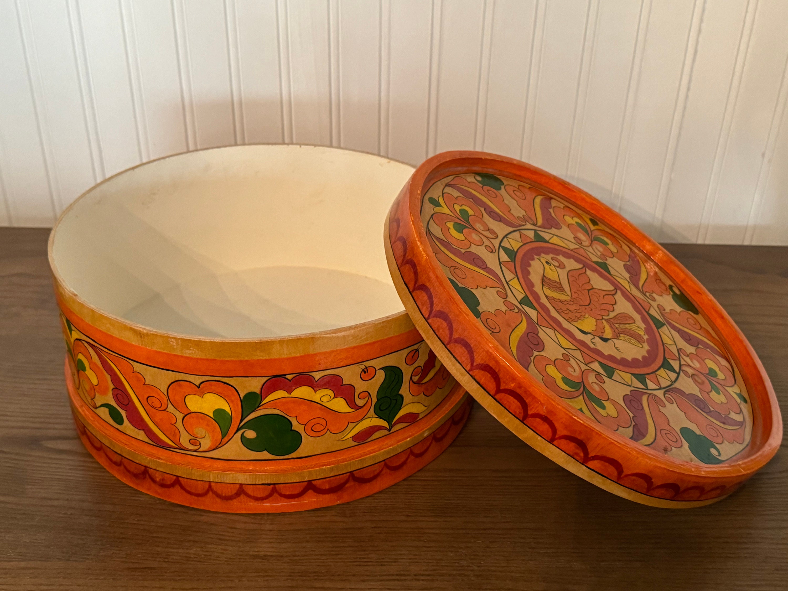 Vintage 1989 Khokhloma Hand Painted Orange Wood Craft Box