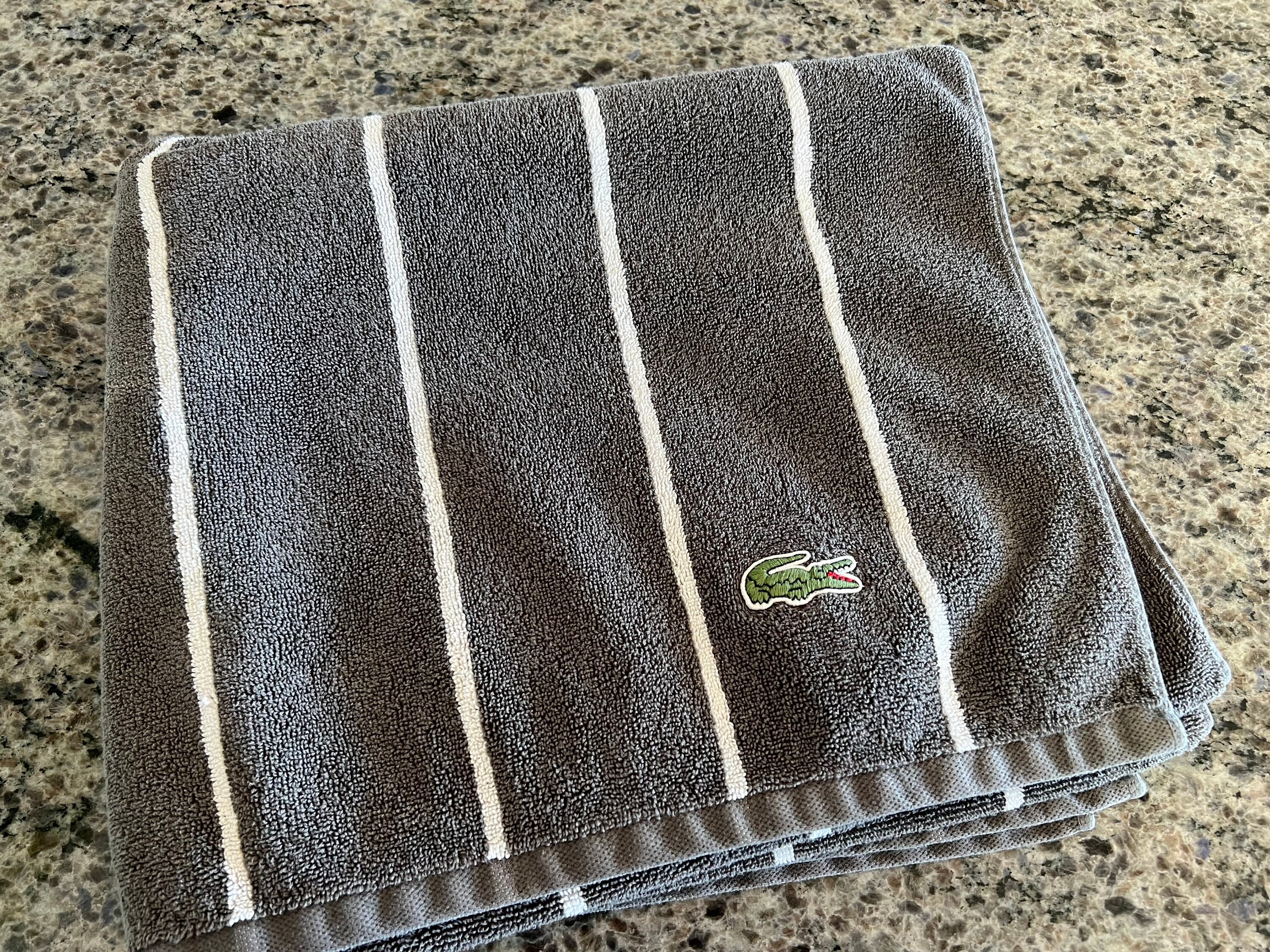 Lacoste Gray With White Stripes Terry Bath Towel With Alligator Logo 30 X  48 Masculine Bath Towel, Lacoste Bath Towel, Gray Stripe Towel 