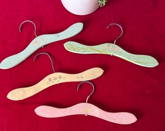 Vintage Lot of 4 Chippy Hand Painted Children&#39;s or Doll Wood Painted Clothes Hangers - vintage clothing hanger, childrens hanger
