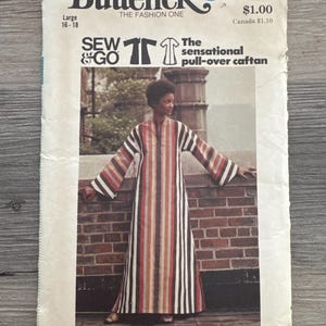 1960&#39;s/70&#39;s Butterick Sewing Pattern 3384 Misses Sew & Go Pull Over Caftan, Size 16-18, Uncut - 1960s boho caftan, muumuu pattern