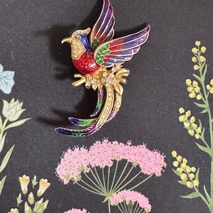 Vintage Large Phoenix Bird / Sphinx Brooch enameled with rhinestones 3&quot; tall~ bird brooch, Asian Phoenix bird brooch