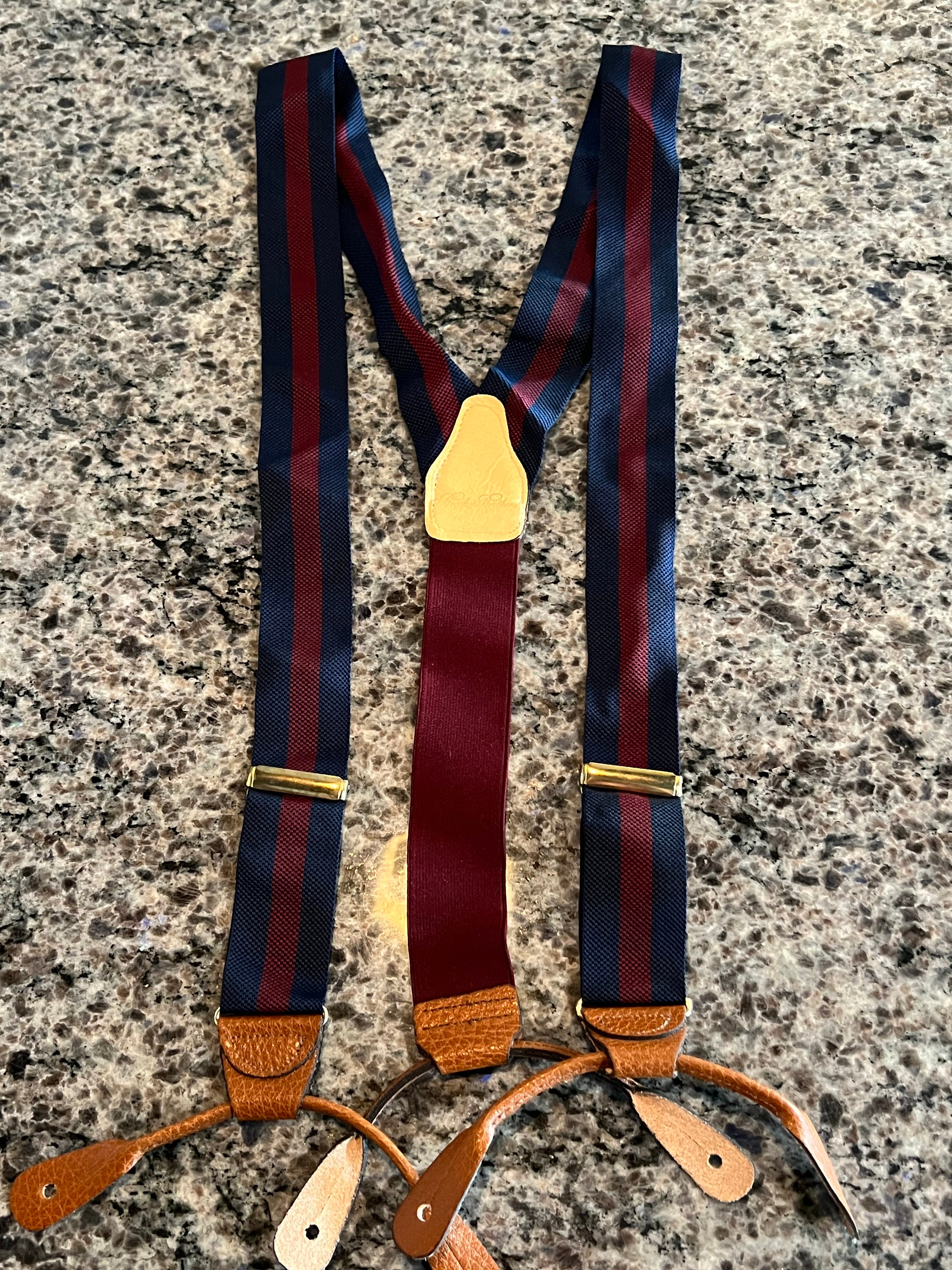 Brooks Brothers Navy Blue & Burgundy Stripe Woven suspenders Braces w/  Leather Loops- striped suspenders, Brooks Brothers suspenders