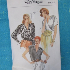 1987 Very Easy Vogue Sewing Pattern 9947 Misses Loose Fitting Pullover Mock Wrap Top, Size 8-12, cut; mock wrap shirt, 3 sleeve variations