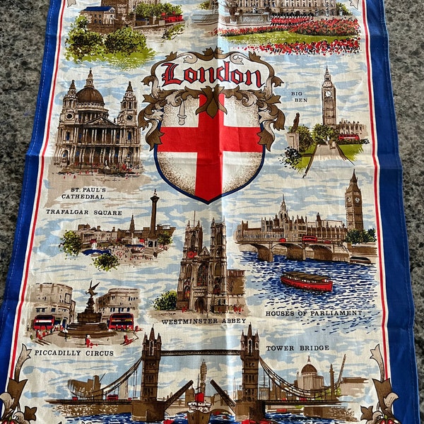 Vintage London Blue Cotton Souvenir Kitchen Tea Towel with Famous Sites Made in Britain - kitchen tea towel, London souvenir tea towel