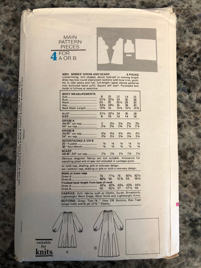 RARE 1970/'s Vogue Sewing Pattern 9252 Misses Short or Long Loose Dress with Shawl Size 14 Uncut 70/'s Vogue dress with scarf