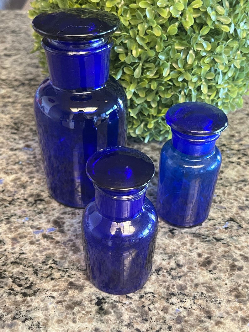Vintage Set of 3 COBALT BLUE Glass Apothecary or Chemist Jars Etsy