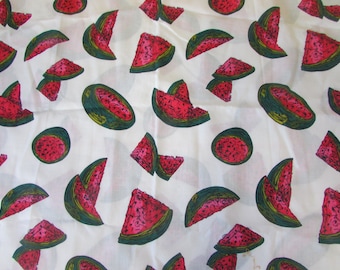 Vintage Watermelon Bright Pink and Green On White Cotton Fabric 44" x 21"; novelty fabric, picnic basket fabric