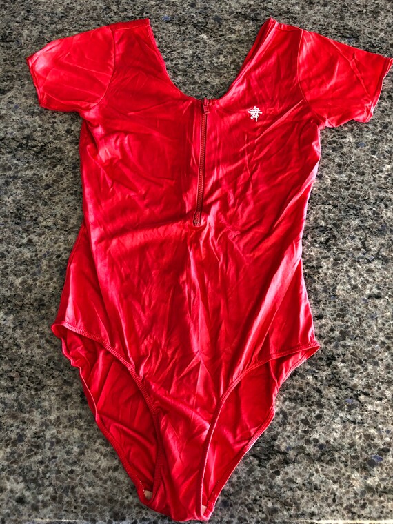 Vintage 1980s WOO Solid Red Cap Sleeve Leotard wit