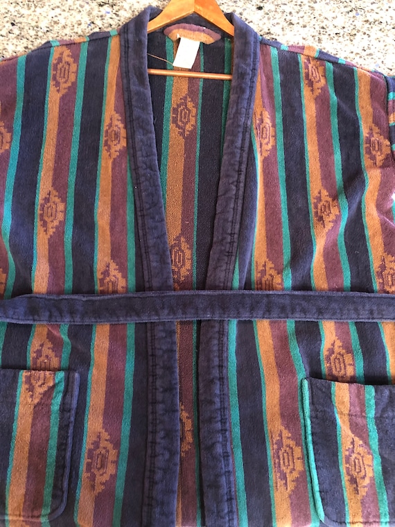 1970's Mens Blue Aztec Print Striped Thick Terry V