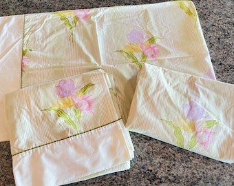 Christian Dior 1981 "Flower Time" Green Stripe w/Tulips Sheet Set Full Flat & Fitted Sheet and One Pillowcase Wamsutta-Christian Dior RARE