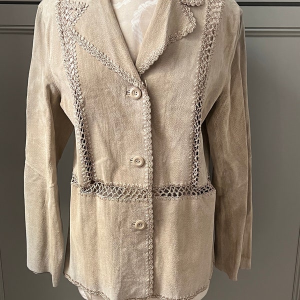 Vintage White Stag Tan Suede Womens Blazer Jacket with Crochet Trim size 8/10- women’s suede jacket, Boho suede jacket, crochet jacket