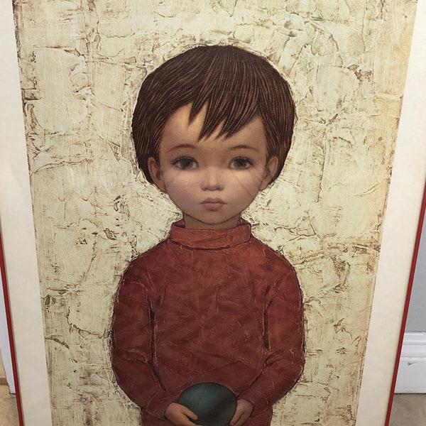 RARE 1978 Framed Big Eyes Print of a Boy with a Bocce Ball by Dominque "Dieter" Printed in Western Germany 19" w x 28" H- Big eye painting