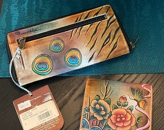 U CHOOSE~NWOT Anuschka Tri-Fold Embossed Wallet with Flowers & Butterfly or NWT Long Wallet Clutch with Peacock Feathers~ Anuschka wallet