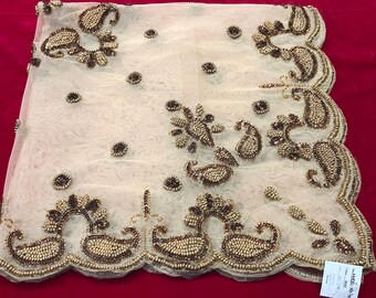 NWT Elegant Sheer Raised Beaded Gold  & Bronze Beads Paisley Tablecloth Gold Netting India 40” Sq- formal dining, Christmas tablecloth