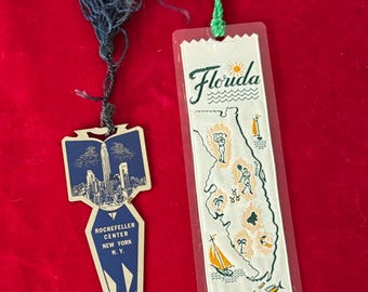 Vintage souvenirbokmärken ~ Rockefeller Center NY metallbokmärke med tofs eller vävt Sunshine State Florida bokmärke av Quality U CHOOSE
