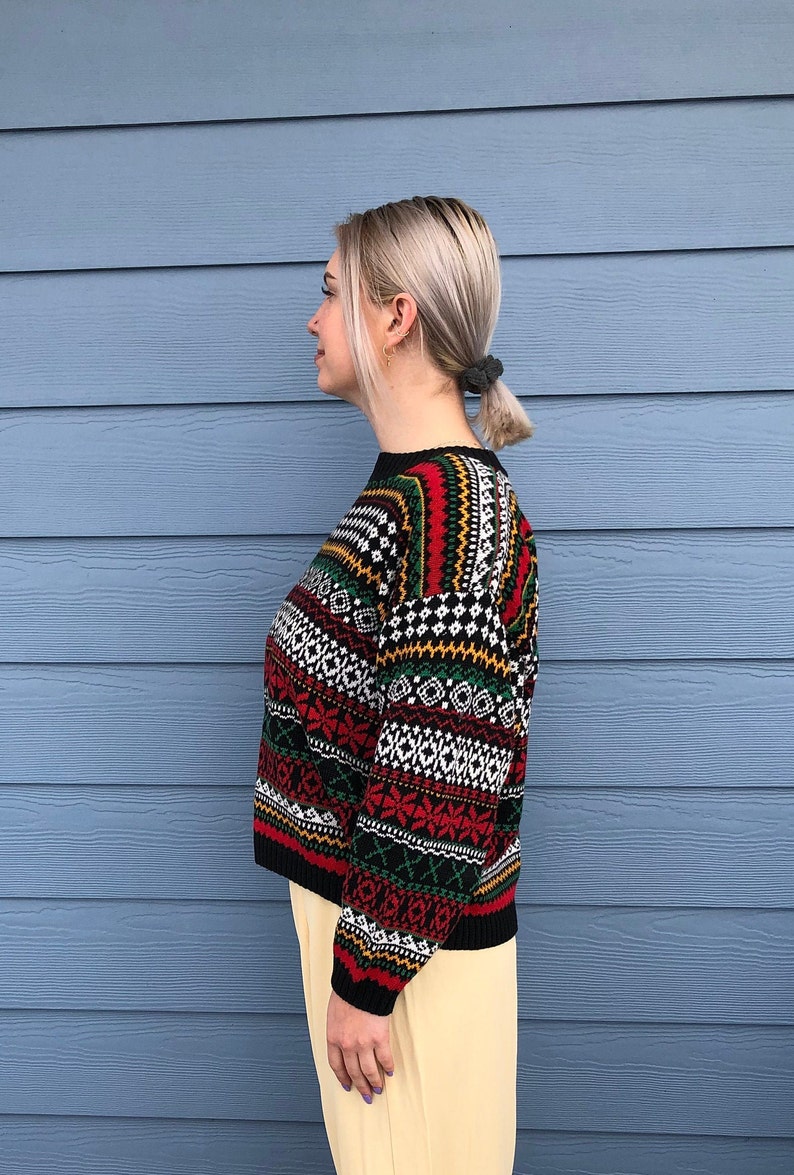 1980s bright sweater Knit Knit sweater 1980/'s Knit Knit Funky Bright Multi-Colored Womens Pullover Cotton Ramie Sweater Size size M