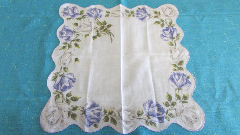 blue rose floral hanky lavendar floral handkerchief Vintage White with Lavendar Floral Handkererchief with Scalloped Edge 15 Square