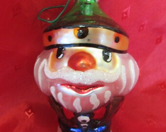 Vintage Glass Pudgy Painted Nutcracker/Santa Christmas Ornament, Red, Green & White - 3 1/2"T; glass ornament, nutcracker ornament