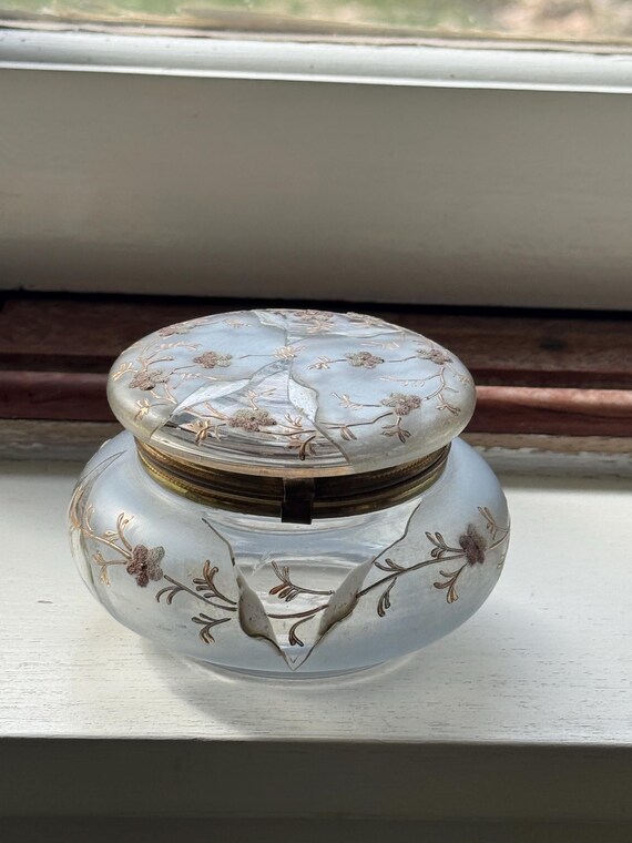 Bohemian MOSER Blue Frosted Glass Hinged Trinket Box Jewelry Box