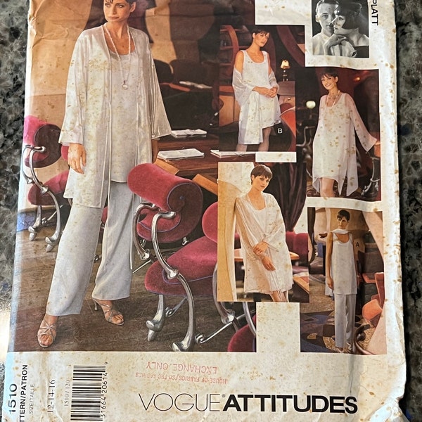 1996 Vogue Attitudes Sewing Pattern 1510 Misses Tom & Linda Platt Evening Ensemble Top, Pants, jacket Size 12-16 Uncut- evening suit